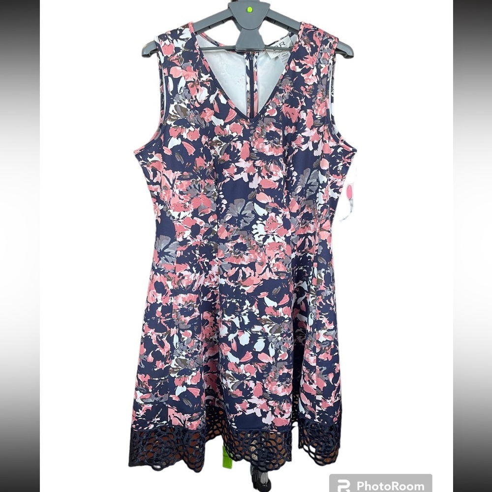 NWT Donna Ricco Plus Size Navy Blue & Pink Lace Trim Fit & Flare Scuba Dress 18W